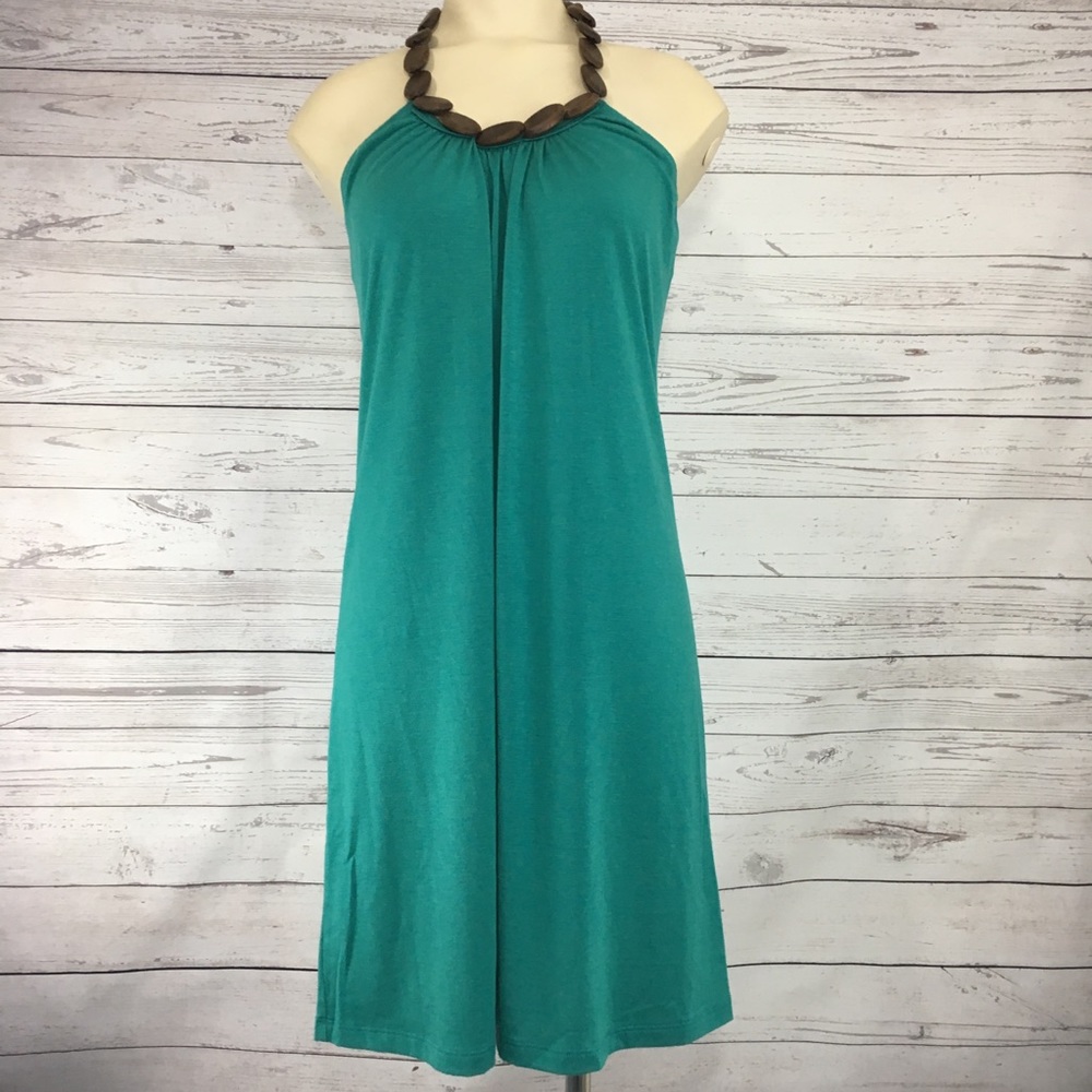 L8teR Wood Detail Halter Tie Back Midi Dress
